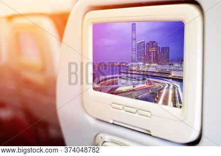 Aircraft Monitor In Front Of Passenger Seat Showing Image From Victoria Harbour,hongkong