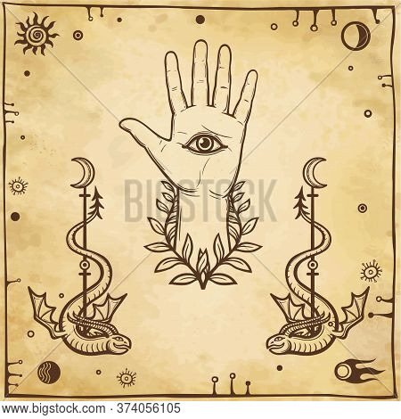 Human Hand, Dragons Tempters, Eye Of Providence. Esoteric, Religion, Occultism.  Background - Imitat
