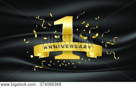 Happy Anniversary Celebration. Golden Number 1 With Gold Ribbon And Confetti On Black Fabric Texture