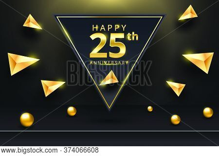 Happy Anniversary Celebration. Golden Number 25 With Diamond On Black Studio Mock Up. Elegant Premiu