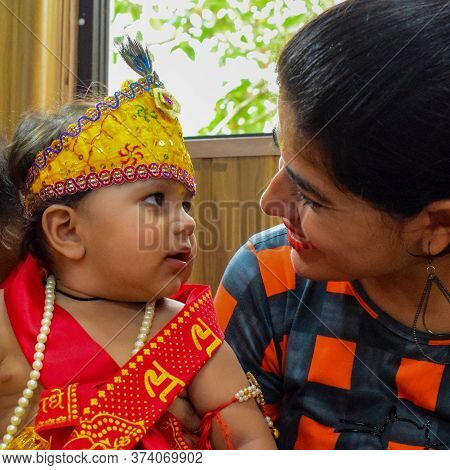 Delhi, India - September 9, 2019 : Cute Indian Kids Dressed Up As Little Lord Krishna Radha On The O