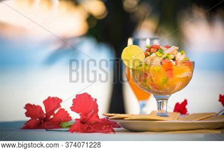 Nicaraguan Food, Shrimp Ceviche With Fruit Cocktail Drink, Nicaraguan Palate