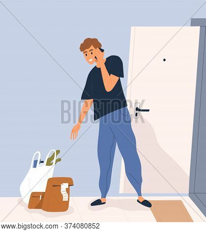Smiling Man Talk Smartphone Receive Order At Porch Vector Flat Illustration. Male Taking Packages Us