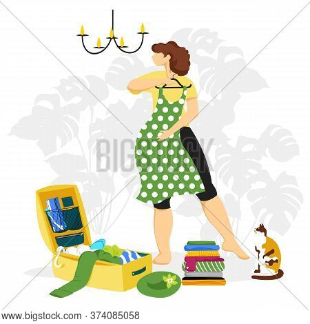 Packing The Suitcase. A Woman Collects A Suitcase. Vector Image