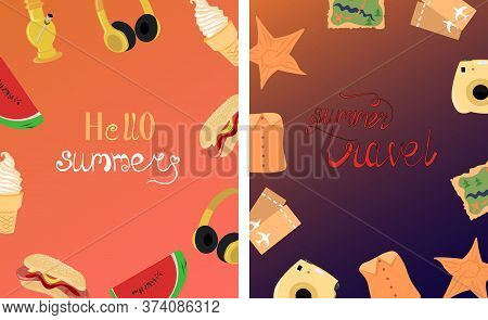 Hello Summer. Trevel Bright Postcard. Juicy Watermelon, Vanilla Ice Cream And A Hot Dog. Yellow Head