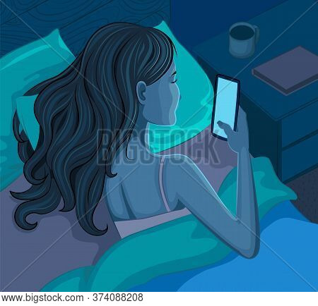 A Young Woman Lies In Bed And Looks At The Phone Screen. Night Lighting In The Bedroom. Cartoon Styl