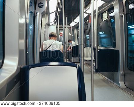 Turin, Italy - Circa June 2020: Almost Empty Subway Train Car After Covid Lockdown