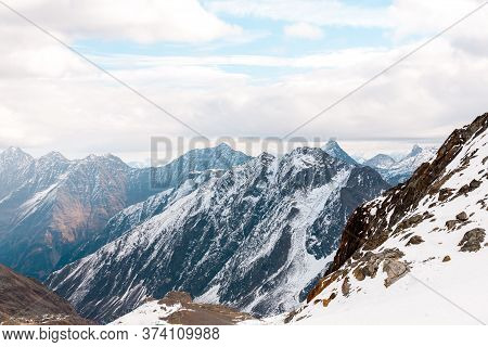 High Rocky Mountain Landscape. Beautiful Scenic View Of Mount. Alps Ski Resort. Austria, Stubai, Stu