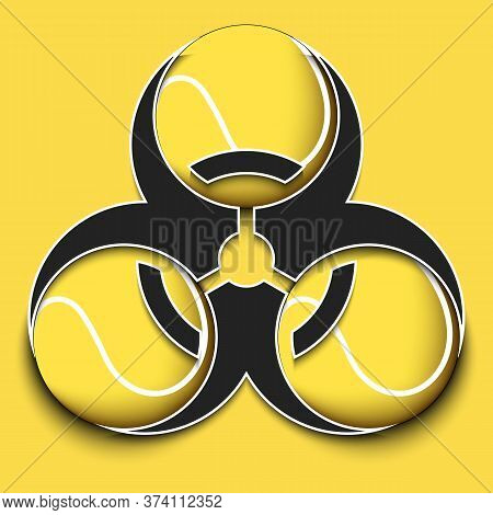 Radiaction Symbol With Tennis Ball. Caution Radioactive Danger Sign.  Tennis Quarantined. Cancellati