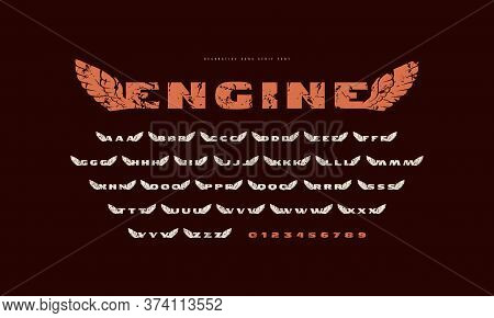 Initial Extended Sans Serif Font With Wings Silhouettes And Rough Texture. For Military And Sport Lo