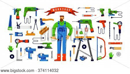 Stock Vector Illustration Of Workshop Tool Kit And Worker. Colorful Design In Flat Style. Isolated O