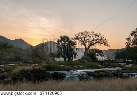 A Baobab Tree At Sunrise On An Island In The Kunene River At The Top Of The Epupa Waterfalls