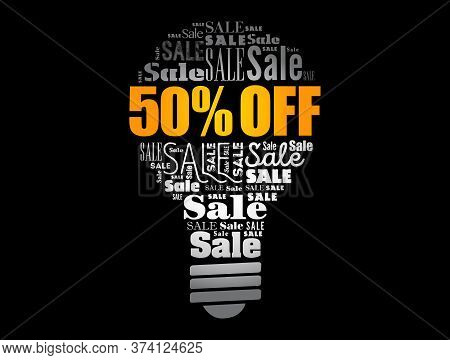 50 Percen Off Sale Light Bulb Word Cloud Collage, Business Concept Background