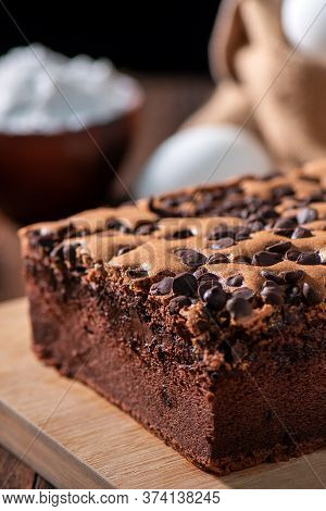 Chocolate Flavor Taiwanese Traditional Sponge Cake (taiwanese Castella Kasutera) On A Wooden Tray Ba