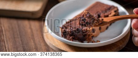 Chocolate Flavor Taiwanese Traditional Sponge Cake (taiwanese Castella Kasutera) On A Wooden Tray Ba