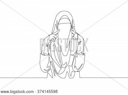Single Continuous Line Drawing Of Young Cute Asian Muslimah Wearing Burqa While Touching Her Cheeks.