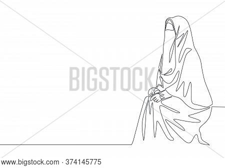One Single Line Drawing Of Young Attractive Middle East Muslimah Wearing Burqa Sitting On Chair. Tra
