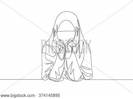 One Continuous Line Drawing Of Young Pretty Middle East Muslimah Wearing Burqa With Headscarf. Tradi