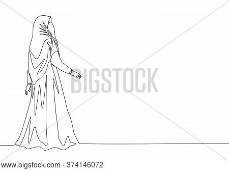 One Single Line Drawing Of Young Beauty Saudi Arabian Muslimah Wearing Burqa And Pose Nicely. Tradit