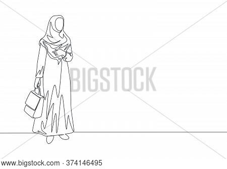 One Single Line Drawing Of Young Happy Muslim Girl With Head Scarf Carrying Pocket Bag. Attractive A