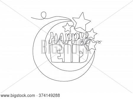 Single Continuous Line Drawing Of Happy Eid Al Fitr Mubarak And Ramadan Kareem Concept. Islamic Holi