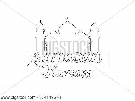 One Single Line Drawing Of Happy Eid Al Fitr Mubarak And Ramadan Kareem Concept. Islamic Holiday Cal