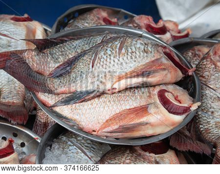 Fresh Tilapia Fish For Sale On The Market Or Supermarket. Many Fresh Frozen Fish.