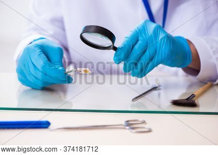 Old male expert criminologist working in the lab for evidence
