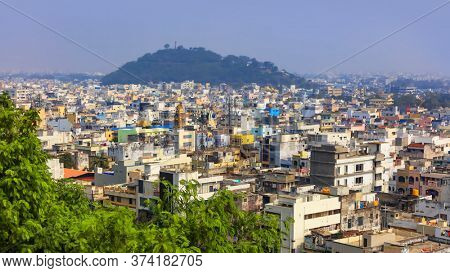Vijayawada, INDIA - January 6 2019 : Aerial view of city from Durgha hill, at Vijayawada, India