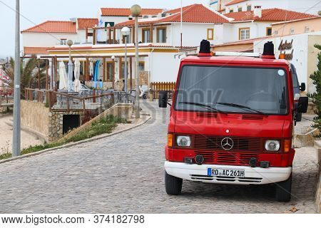 Baleal, Portugal - May 22, 2018: Cheap Oldtimer Backpacker Camper Van Repurposed From Mercedes-benz 
