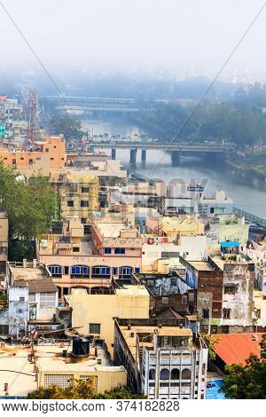 Vijayawada, INDIA - January 6 2019 : Aerial view of city from Durgha hill, at Vijayawada, India