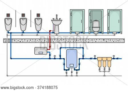 Illustration Of A Public Toilet Room With A Detailed Layout Of The Supply Networks Of Water Supply A