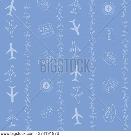 Baby Blue Vector Passport Stamps Repeat Pattern.travel The World Seamless Illustration.
