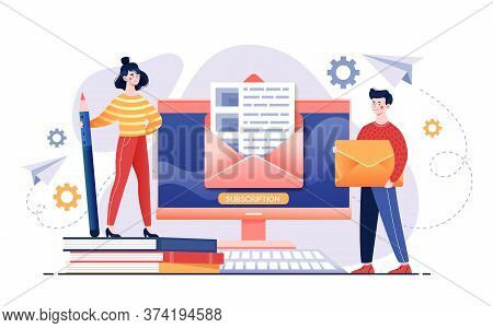 Email Services Concept With Opened Letter On A Laptop Flanked By A Young Woman With Pencil And Man C