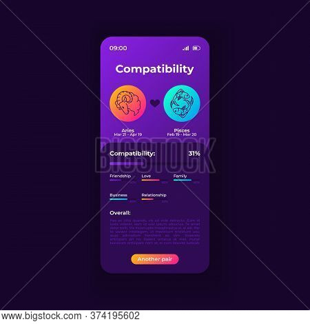 Zodiac Signs Compatibility App Smartphone Interface Vector Template. Mobile App Page Night Mode Desi