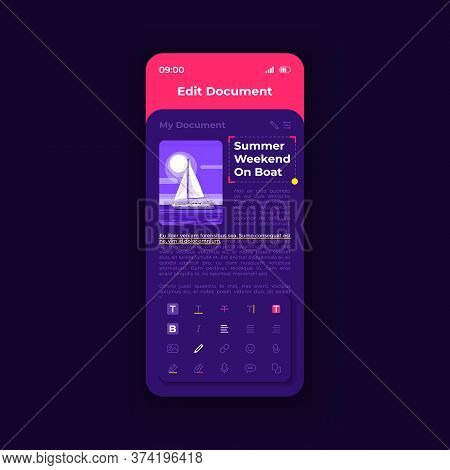 Document Viewing And Editing Smartphone Interface Vector Template. Mobile App Page Black Theme Desig