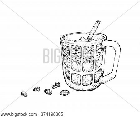 Drink And Beverage, Illustration Hand Drawn Sketch Of Iced Coffee And Iced Teaisolated On A White Ba