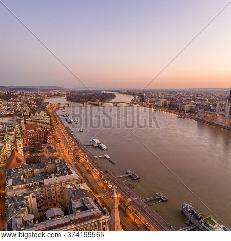 Aerial Drone Shot Of Margaret Island In Danube River Before Bupdapest Sunrise