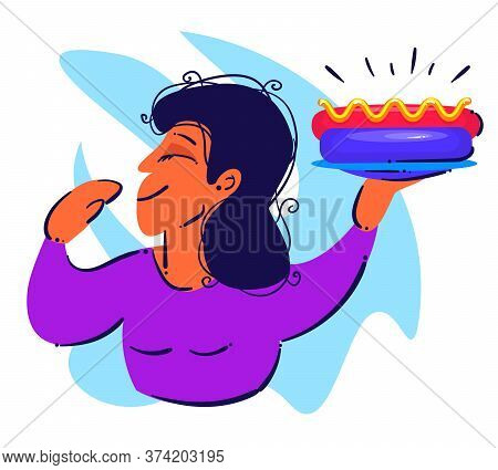 Stock Vector Illustration Of Happy Smiling Girl With Hot Dog On White Isolated Background. Flat Fast