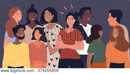 Angry Woman In A Gathering Of Diverse People Standing In The Middle Of The Smiling Group With Folded