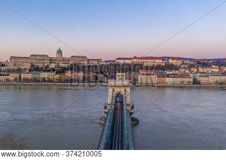 Aerial Drone Shot Of Chain Bridge Before Buda Castle Before Budapest Sunrise