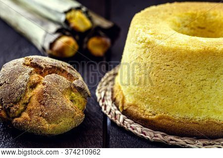 Table With Typical Brazilian Sweets, Bread, Cornmeal And Corn Cake. Table With Typical Sweets From T