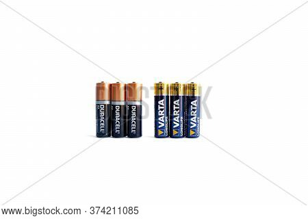 Kiev, Urkaine, 18 June 2020, Three Varta Aa Alkaline Battery And Three Duracell Aa Alkaline Battery 