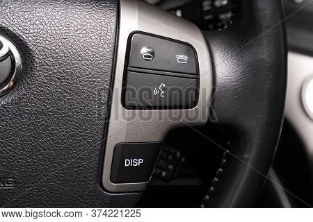 Novosibirsk/ Russia - April  02 2020: Toyota Land Cruiser 200  , Car Steering Wheel With Control But