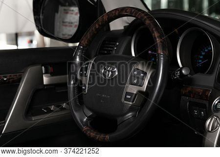 Novosibirsk/ Russia - April  02 2020: Toyota Land Cruiser 200  , Prestige Car Interior With Dashboar