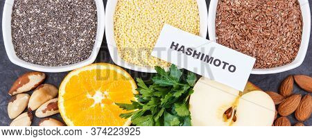 Inscription Hashimoto With Nutritious Natural Products And Ingredients Containing Vitamins For Healt