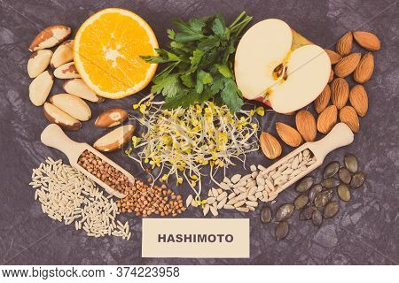 Inscription Hashimoto With Nutritious Natural Products And Ingredients Containing Vitamins For Healt