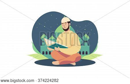 Muslim Man Reading The Quran Islamic Holy Book. Illustration Logo