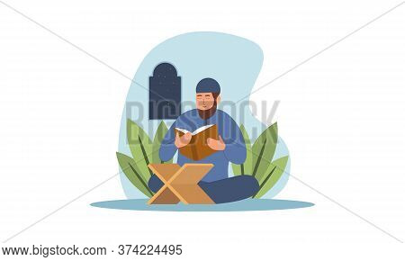 Muslim Man Reading The Quran Islamic Holy Book. Illustration Logo
