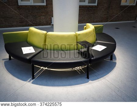 Waiting Room With Symbol On Seat For The Social Distancing During The Covid-19 Pandemic Chairs With 